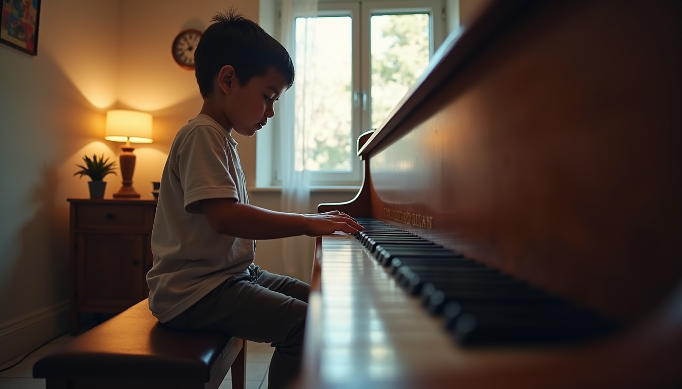 Parent and child learning piano together