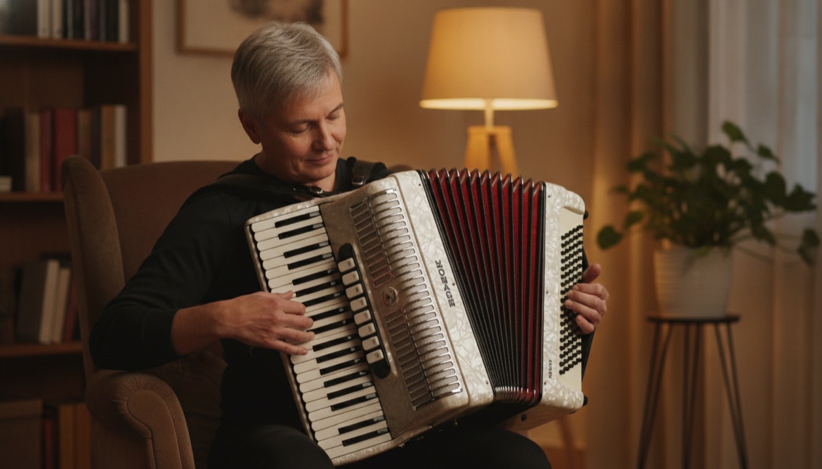Adult accordion student practicing at home