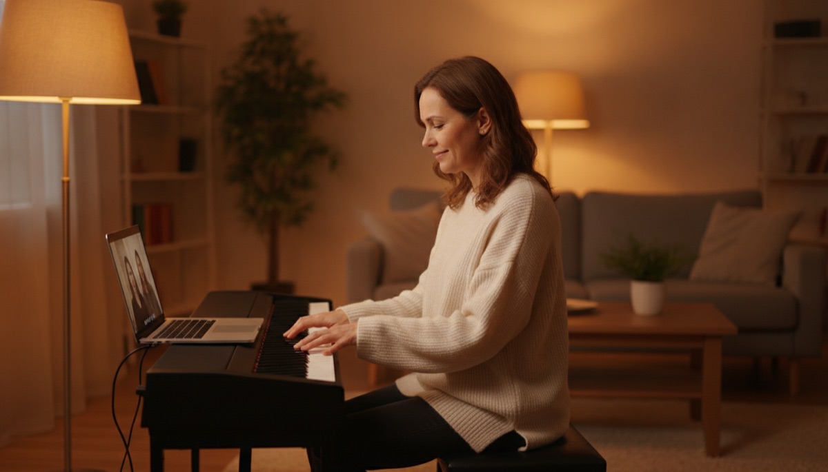 Piano student during a live online piano lesson
