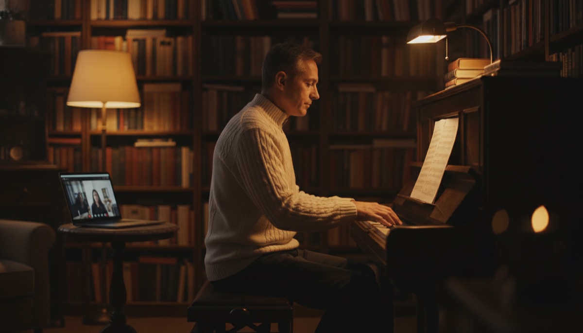 Adult piano student practicing at home during an online lesson